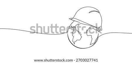 Engineer's helmet on a globe in one continuous line. Dynamic single line draw design vector illustration