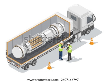 Engineers inspect small micro modular nuclear reactor loaded on transport truck for installation at industrial energy facility isometric cartoon 