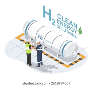 Engineers inspecting hydrogen storage tank at a clean energy facility ensuring safety and promoting sustainable fuel solutions isometric isolated