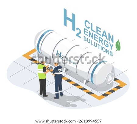Engineers inspecting hydrogen storage tank at a clean energy facility ensuring safety and promoting sustainable fuel solutions isometric isolated