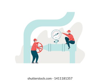 Engineers Inspecting Pipeline, Workers in Uniform Servicing Engineering Equipment Vector Illustration