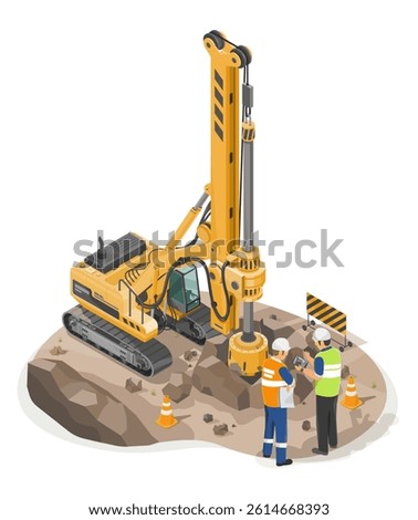 Engineers inspecting rotary drilling rig machine operating on rocky ground for deep foundation pile installation at construction site isometric isolated