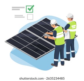 Engineers inspecting solar panels during quality audit to ensure energy efficiency and compliance with industrial renewable energy standards