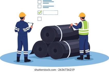 Engineers inspecting stacked HDPE geomembrane rolls at construction site to ensure proper material selection and quality control