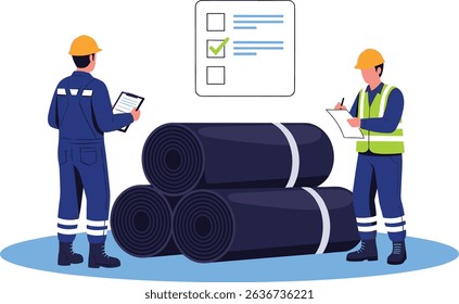 Engineers inspecting stacked HDPE geomembrane rolls at construction site to ensure proper material selection and quality control