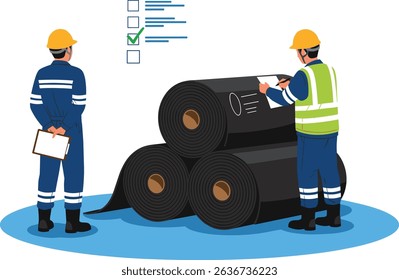 Engineers inspecting stacked HDPE geomembrane rolls at construction site to ensure proper material selection and quality control