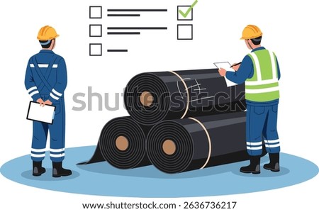 Engineers inspecting stacked HDPE geomembrane rolls at construction site to ensure proper material selection and quality control