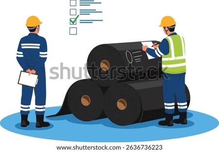 Engineers inspecting stacked HDPE geomembrane rolls at construction site to ensure proper material selection and quality control