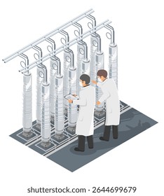 Engenheiros inspecionando centrífugas de processamento de urânio dentro de uma instalação segura para garantir um refinamento de combustível nuclear seguro e eficiente