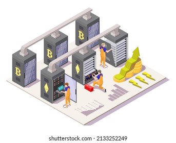 Engineers installing crypto mining farm in server room, data center, flat vector isometric illustration. Cryptocurrency digital money bitcoin, ethereum mining, blockchain technology.