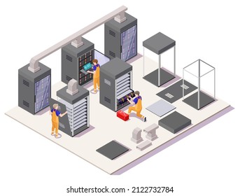 Engineers installing servers in data center, flat vector isometric illustration. Network server setup, installation and configuration hardware, software.