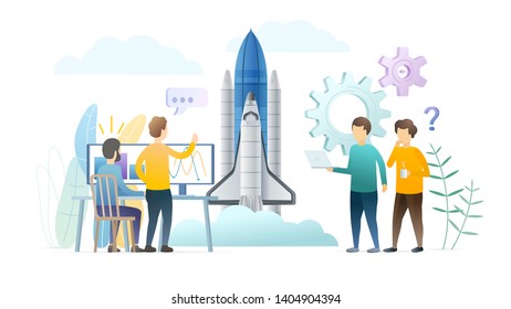 Engineers launch rocket flat vector illustration. Spacecraft, spaceship vehicle construction. Space exploration, startup launch concept. Scientist, technicians, programmers working characters.