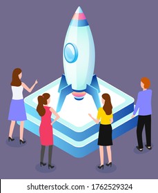 Engineers launch rocket, startup concept, spacecraft or spaceship construction vector. Space exploration,business project launching. Scientist and technicians, programmers characters illustration