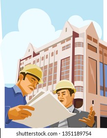 Engineers Look at Project Blueprints 