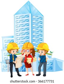Engineers looking at the blueprint of the building illustration