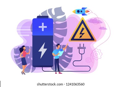 Los ingenieros hacen que la batería de recarga sea segura con un enchufe y un signo de advertencia de alta tensión. Batería de seguridad, dispositivo de energía protegido, concepto de uso de seguridad de la batería. Ilustración aislada del vector violeta brillante brillante brillante brillante