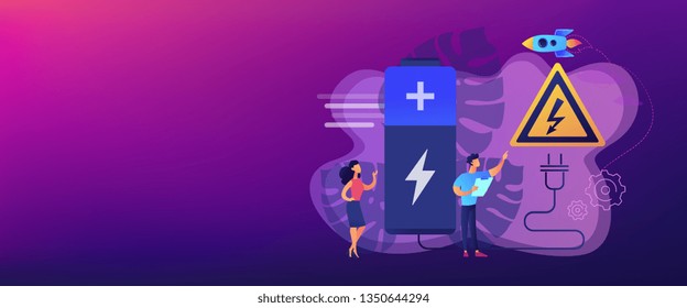 Engineers make recharging battery safe with plug and high voltage warning sign. Safety battery, protected energy device, battery safety use concept. Header or footer banner template with copy space.