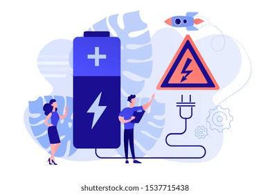 Engineers make recharging battery safe with plug and high voltage warning sign. Safety battery, protected energy device, battery safety use concept. Pinkish coral bluevector isolated illustration