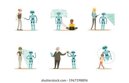 Engineers Making and Programming Robots Set, Robot Designing and Repairing, Artificial Intelligence Technology Cartoon Vector Illustration