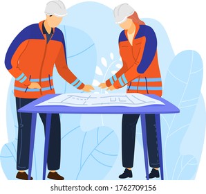 Engineers male character examine drawing project, man protect helmet special cloth isolated on white, flat vector illustration. Professional specialist discussing work issue progress.