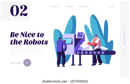 Engineers Male Characters Set Up Part of Robot on Conveyor Belt. Artificial Intelligence Develop and Assembly Technology. Website Landing Page, Web Page. Cartoon Flat Vector Illustration, Banner