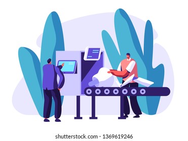 Engineers Male Characters Set Up Parts of Robot on Conveyor Belt. Artificial Intelligence Develop and Assembly Technology. Cyborg Creating Process in Laboratory. Cartoon Flat Vector Illustration