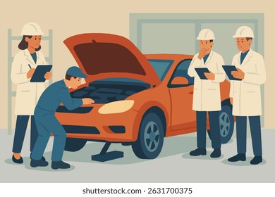 Engineers and mechanics perform car inspection and vehicle maintenance in an automotive industry workshop.