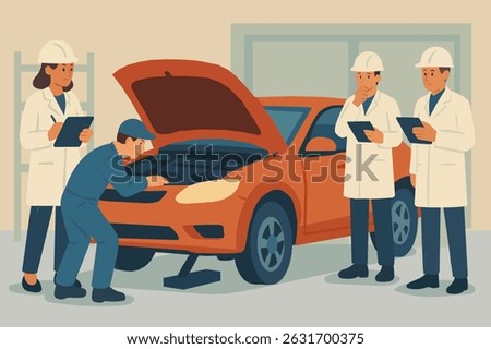 Engineers and mechanics perform car inspection and vehicle maintenance in an automotive industry workshop.