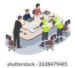 Engineers and office staff discussing architectural floor plan during project meeting at construction site office with laptops and technical documents on the table