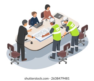 Engineers and office staff discussing architectural floor plan during project meeting at construction site office with laptops and technical documents on the table