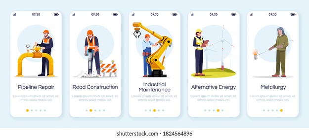 Engineers onboarding mobile app screen vector template. Pipeline repair, road construction. Industrial workers. Walkthrough website steps with flat characters. Smartphone cartoon UX, UI, GUI