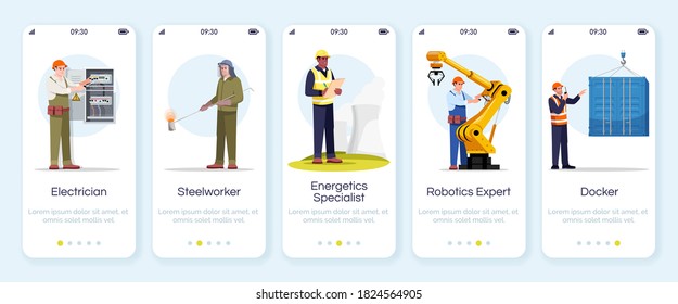 Engineers onboarding mobile app screen vector template. Steelworker, electrician, robotic expert. Energetics specialist. Walkthrough website steps with flat characters. Smartphone cartoon UX, UI, GUI