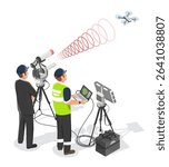 Engineers operating anti drone defense system with radar detection and directional signal jammer to disable unauthorized UAV in restricted airspace