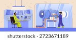 Engineers operating industrial control panel turbine testing laboratory high tech equipment modern workspace blue orange tones