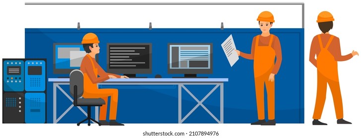 Los operadores de ingenieros controlan el proceso desde el panel de control de pantallas de computadoras en la producción automatizada. Interior de centro de datos con hardware de servidor. Empleados de fábricas trabajan con tecnologías y equipos