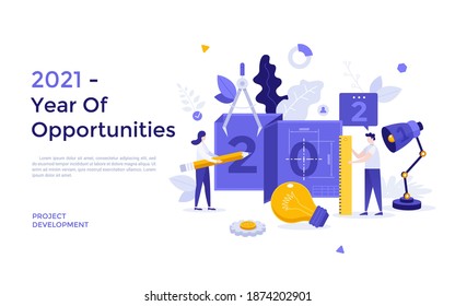 Engineers with pencil and ruler creating blueprint. Concept of 2021 as year of opportunities for engineering project development, business planning. Modern flat vector illustration for website.