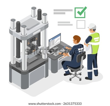 Engineers performing a steel test with industrial press machine while analyzing data for quality assurance and license certification in a high-standard facility
