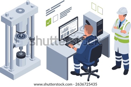 Engineers performing a steel test with industrial press machine while analyzing data for quality assurance and license certification in a high-standard facility
