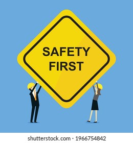 Engineers put the word safety first, Vector illustration in flat style