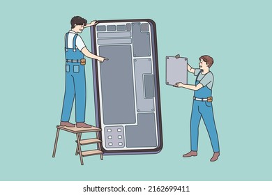 Engineers repair cellphone install software on modern device. Male employees fix broken smartphone. Good quality mobile service company. Flat vector illustration. 