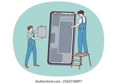 Ingenieure reparieren Handy installieren Software auf modernen Geräten. Männliche Angestellte reparieren defekte Smartphones. Guter mobiler Service. Flache Vektorgrafik.