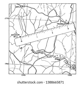 Engineer's Scale is the measurement of distance on a map, tool for measuring distances and transferring measurements at a fixed ratio of length, vintage line drawing or engraving illustration.