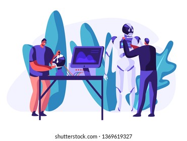 Engineers Scientists Male Characters Making and Programming Huge Robot in Science Laboratory. Robotics Hardware and Software Science Engineering. Development Company. Cartoon Flat Vector Illustration