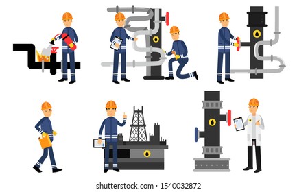 Engineers, Scientists And Workers Characters In The Oil Industry At Different Stages Of Production Vector Illustration Set