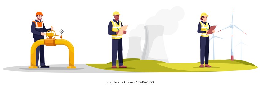 Engineers semi flat RGB color vector illustrations set. Water quality monitoring. Ecologist, pipeline expert and energetics specialist in hardhat isolated cartoon characters pack on white background