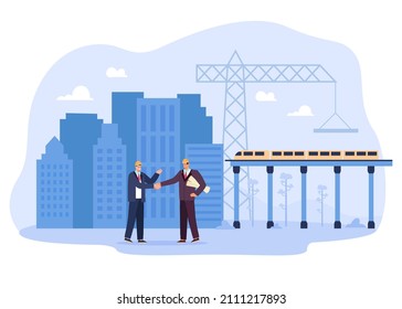 Ingenieros dándole la mano en el sitio de construcción con el puente ferroviario. Acuerdo comercial en ingeniería civil por personajes masculinos de negocios ilustración vectorial plana. Industria, asociación, concepto de trato