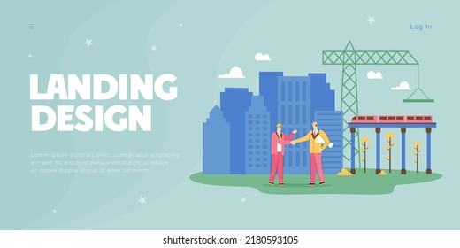 Ingenieros dándole la mano en el sitio de construcción con el puente ferroviario. Acuerdo comercial en ingeniería civil por personajes masculinos de negocios ilustración vectorial plana. Industria, asociación, concepto de trato