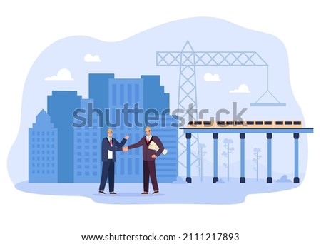 Engineers shaking hands at construction site with railway bridge. Commercial agreement in civil engineering by male business characters flat vector illustration. Industry, partnership, deal concept