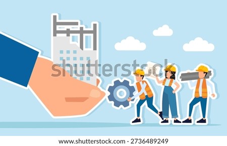 Engineers standing in front of a hand holding a building under construction illustration of readiness to develop a new building project