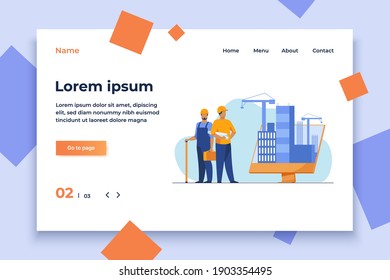 Engineers standing near big monitor with buildings. Project, crane, screen flat vector illustration. Construction and engineering concept for banner, website design or landing web page